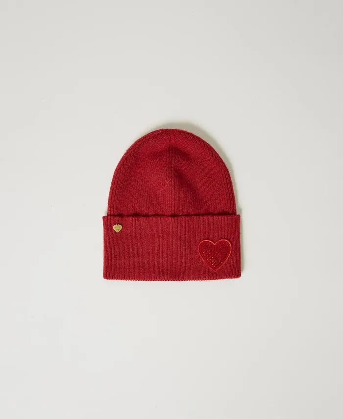 Twinset Knitted Beanie With Heart Patch Venetian Red Women Hats