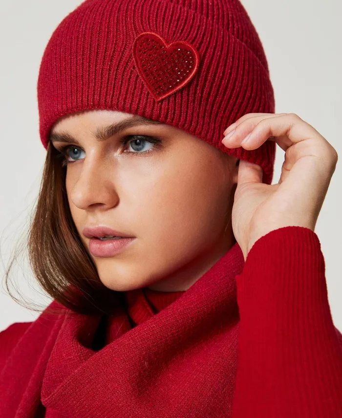 Twinset Knitted Beanie With Heart Patch Venetian Red Women Hats Twinset Knitted Beanie With Heart Patch Venetian Red Women Hats
