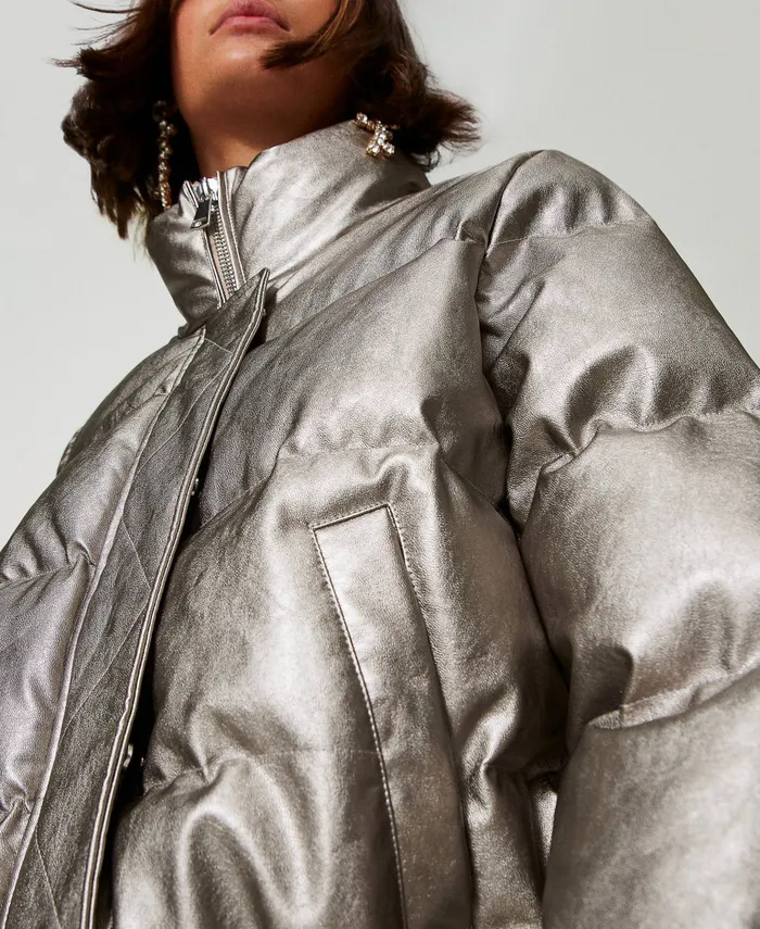 Twinset Laminated Short Puffer Jacket Metallic Pewter Women Jackets And Outerwear