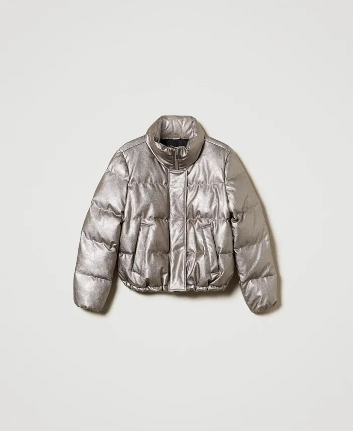 Twinset Laminated Short Puffer Jacket Metallic Pewter Women Jackets And Outerwear Twinset Laminated Short Puffer Jacket Metallic Pewter Women Jackets And Outerwear