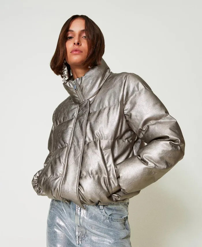 Twinset Laminated Short Puffer Jacket Metallic Pewter Women Jackets And Outerwear Twinset Laminated Short Puffer Jacket Metallic Pewter Women Jackets And Outerwear