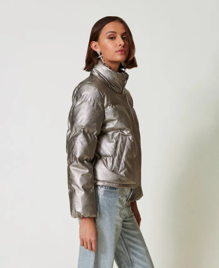 Twinset Laminated Short Puffer Jacket Metallic Pewter Women Jackets And Outerwear Twinset Laminated Short Puffer Jacket Metallic Pewter Women Jackets And Outerwear