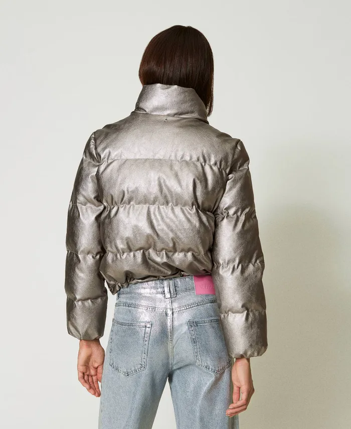 Twinset Laminated Short Puffer Jacket Metallic Pewter Women Jackets And Outerwear Twinset Laminated Short Puffer Jacket Metallic Pewter Women Jackets And Outerwear