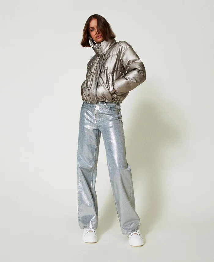 Twinset Laminated Short Puffer Jacket Metallic Pewter Women Jackets And Outerwear Twinset Laminated Short Puffer Jacket Metallic Pewter Women Jackets And Outerwear
