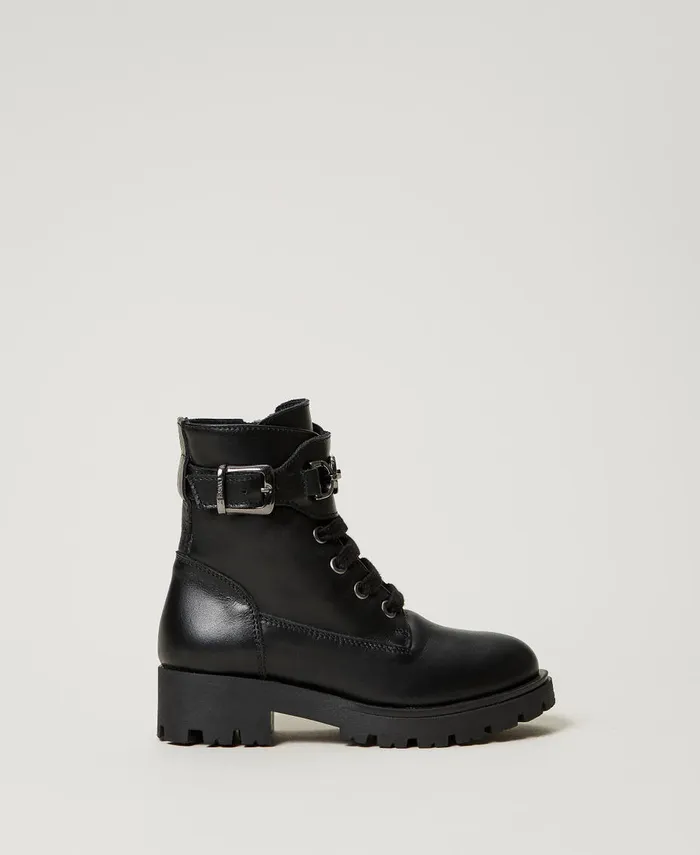 Twinset Leather Baby Combat Boots With Strap Black Girl