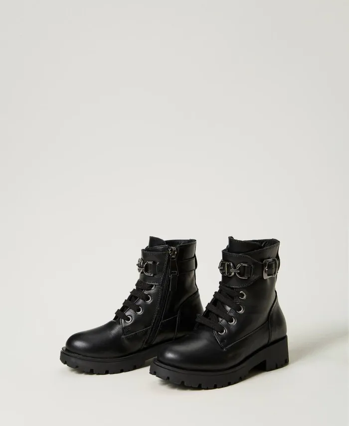 Twinset Leather Baby Combat Boots With Strap Black Girl
