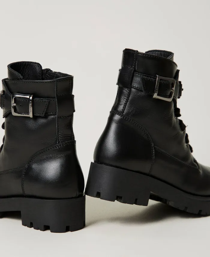 Twinset Leather Baby Combat Boots With Strap Black Girl