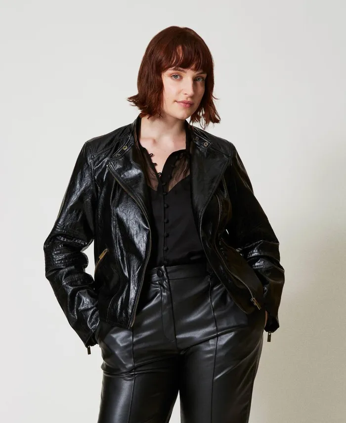 Twinset LeatherLike Biker Jacket With Zip Black Women Jackets And Outerwear Twinset LeatherLike Biker Jacket With Zip Black Women Jackets And Outerwear