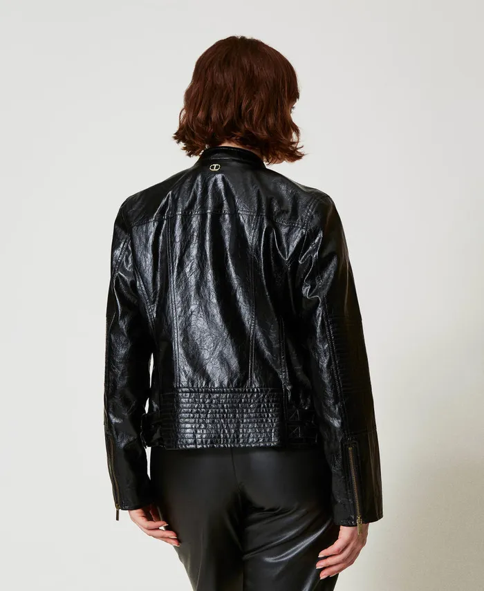 Twinset LeatherLike Biker Jacket With Zip Black Women Jackets And Outerwear Twinset LeatherLike Biker Jacket With Zip Black Women Jackets And Outerwear