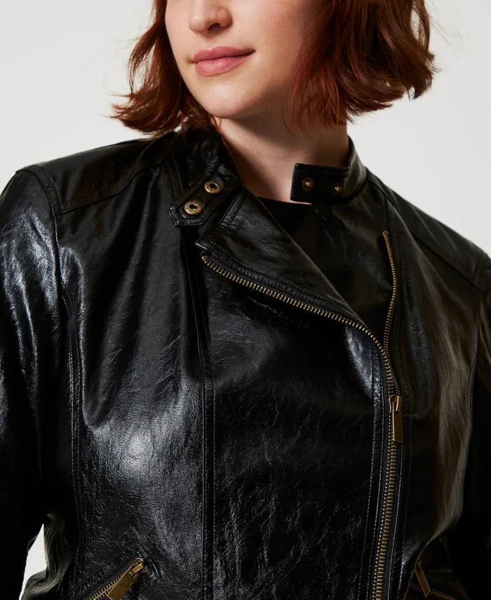 Twinset LeatherLike Biker Jacket With Zip Black Women Jackets And Outerwear Twinset LeatherLike Biker Jacket With Zip Black Women Jackets And Outerwear