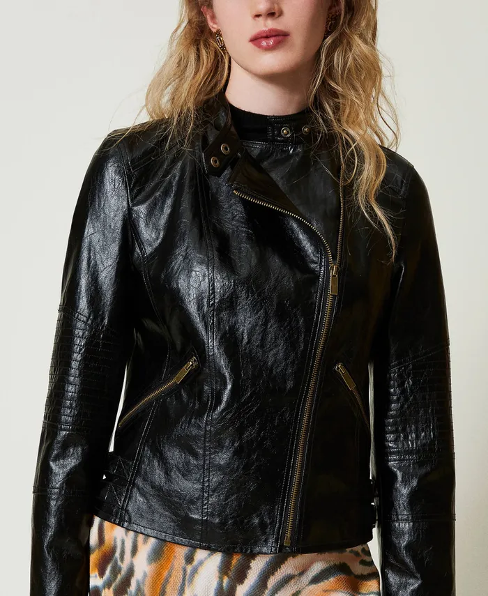 Twinset LeatherLike Biker Jacket With Zip Black Women Jackets And Outerwear Twinset LeatherLike Biker Jacket With Zip Black Women Jackets And Outerwear