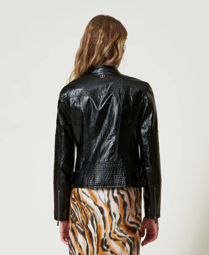 Twinset LeatherLike Biker Jacket With Zip Black Women Jackets And Outerwear Twinset LeatherLike Biker Jacket With Zip Black Women Jackets And Outerwear