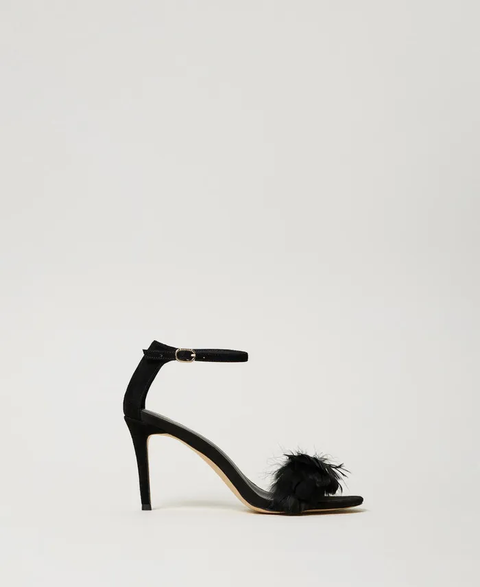 Twinset Leather Sandals With Feathers Black Women Heels