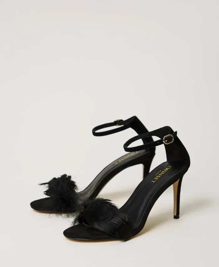 Twinset Leather Sandals With Feathers Black Women Heels Twinset Leather Sandals With Feathers Black Women Heels