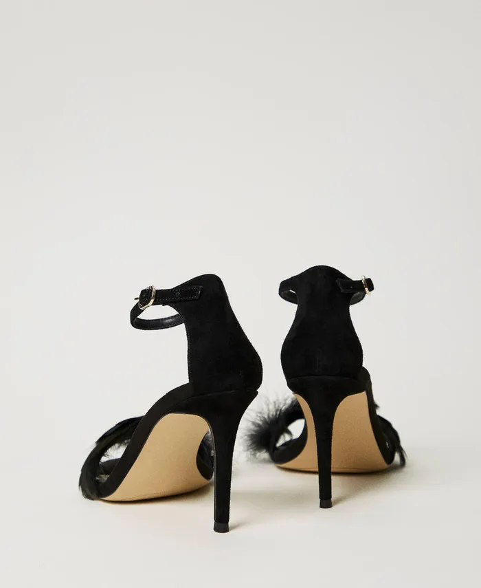 Twinset Leather Sandals With Feathers Black Women Heels Twinset Leather Sandals With Feathers Black Women Heels