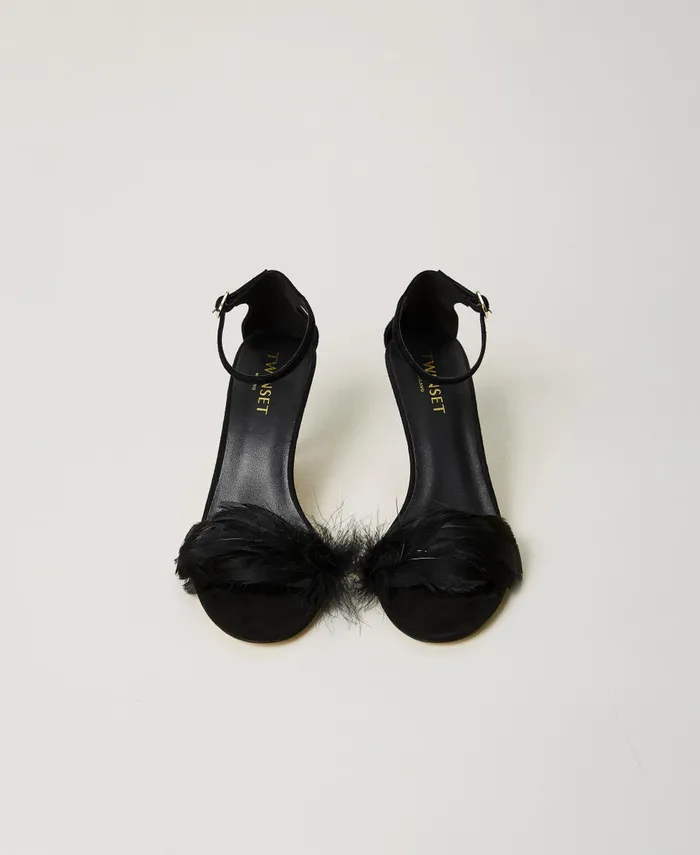 Twinset Leather Sandals With Feathers Black Women Heels Twinset Leather Sandals With Feathers Black Women Heels