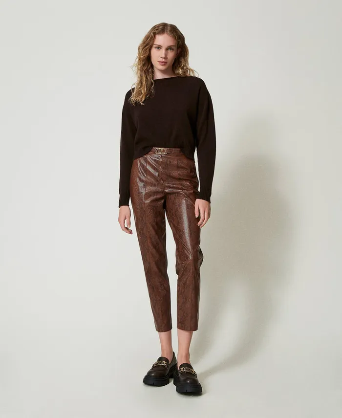 Twinset Lizard Leather Effect Cigarette Trousers Coffee Black Lizard Print Women Suits And Sets