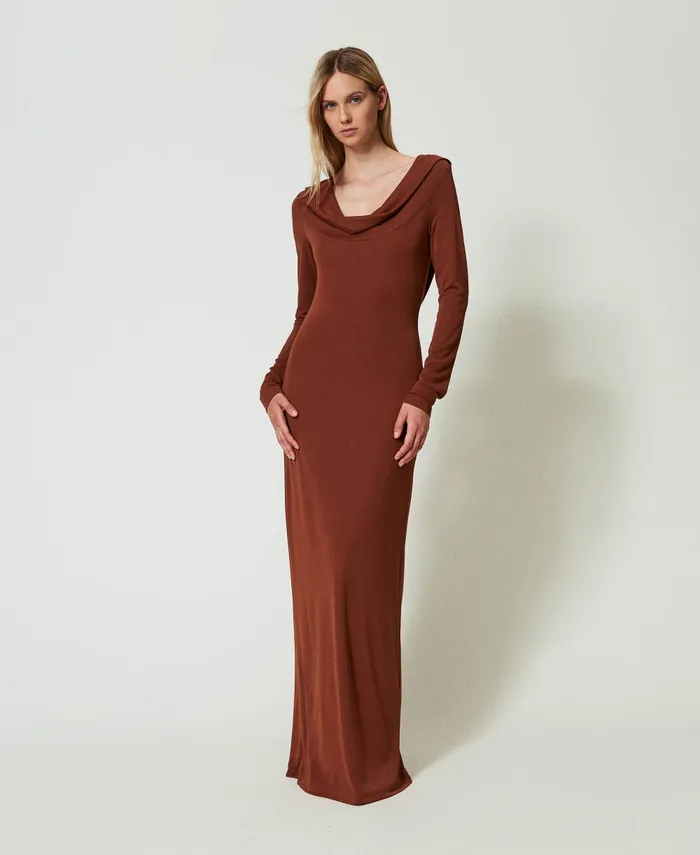 Twinset Long Dress With Draped Neckline Terra Senese Brown Women Dresses