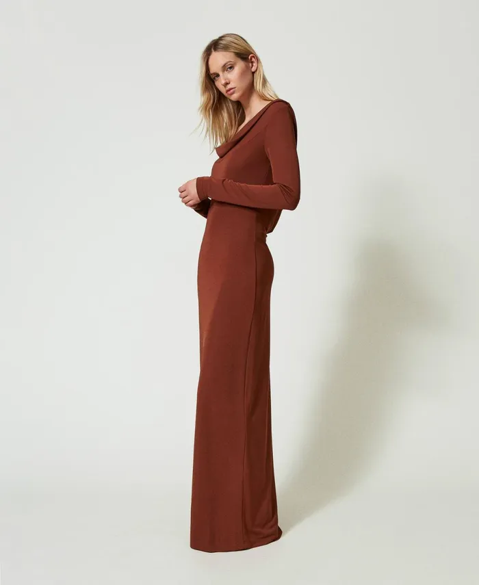 Twinset Long Dress With Draped Neckline Terra Senese Brown Women Dresses Twinset Long Dress With Draped Neckline Terra Senese Brown Women Dresses
