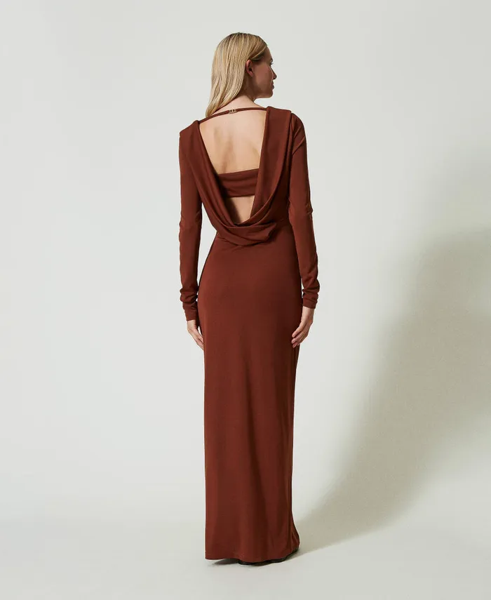 Twinset Long Dress With Draped Neckline Terra Senese Brown Women Dresses Twinset Long Dress With Draped Neckline Terra Senese Brown Women Dresses