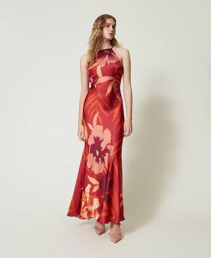 Twinset Long Floral Satin Dress With Halter Neck Red Red Plum Macro Flowers Women Dresses