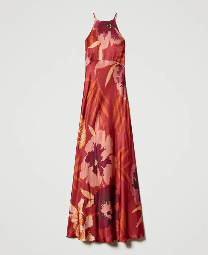 Twinset Long Floral Satin Dress With Halter Neck Red Red Plum Macro Flowers Women Dresses Twinset Long Floral Satin Dress With Halter Neck Red Red Plum Macro Flowers Women Dresses