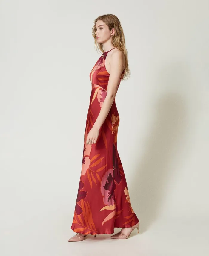 Twinset Long Floral Satin Dress With Halter Neck Red Red Plum Macro Flowers Women Dresses Twinset Long Floral Satin Dress With Halter Neck Red Red Plum Macro Flowers Women Dresses