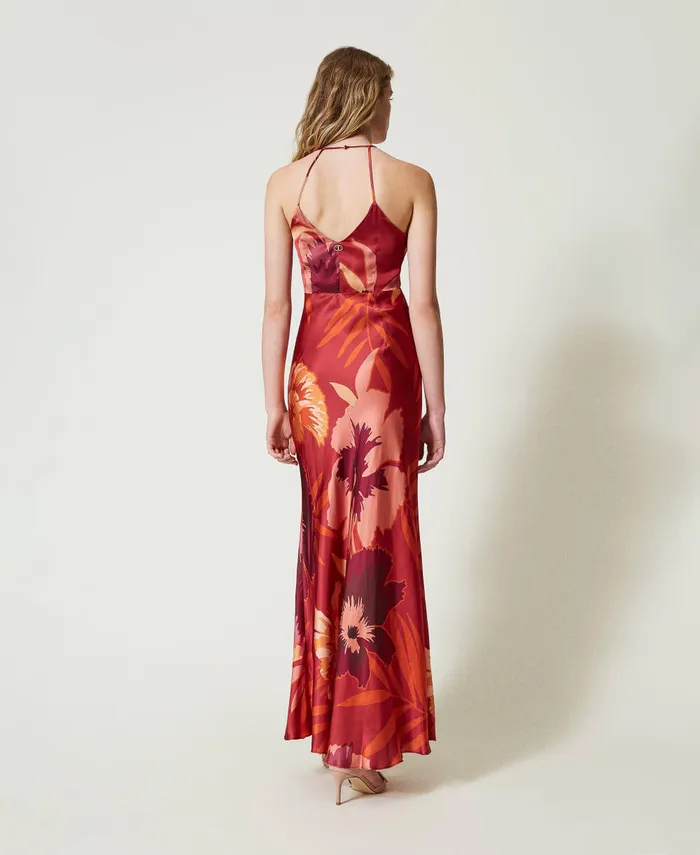 Twinset Long Floral Satin Dress With Halter Neck Red Red Plum Macro Flowers Women Dresses Twinset Long Floral Satin Dress With Halter Neck Red Red Plum Macro Flowers Women Dresses