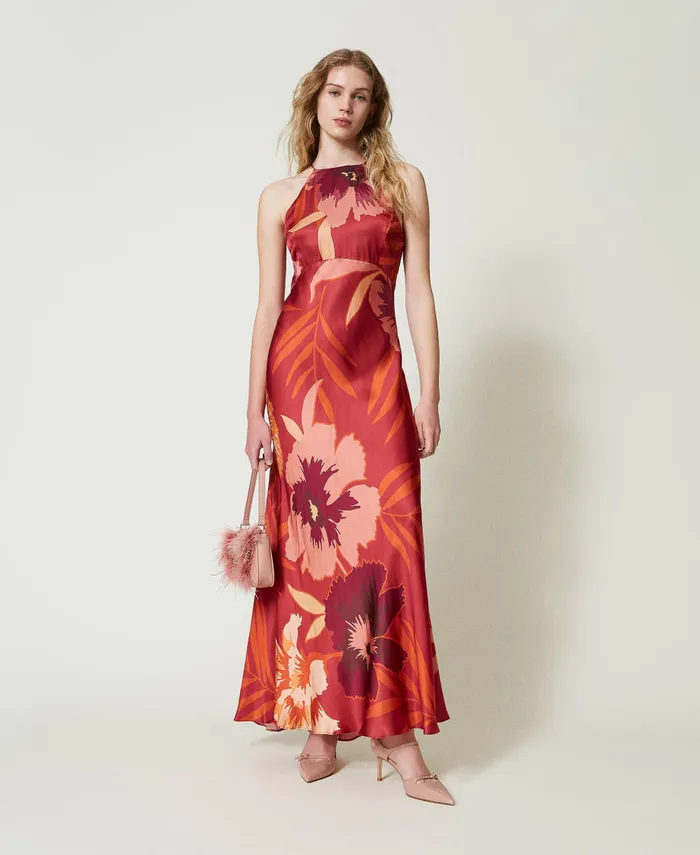 Twinset Long Floral Satin Dress With Halter Neck Red Red Plum Macro Flowers Women Dresses Twinset Long Floral Satin Dress With Halter Neck Red Red Plum Macro Flowers Women Dresses