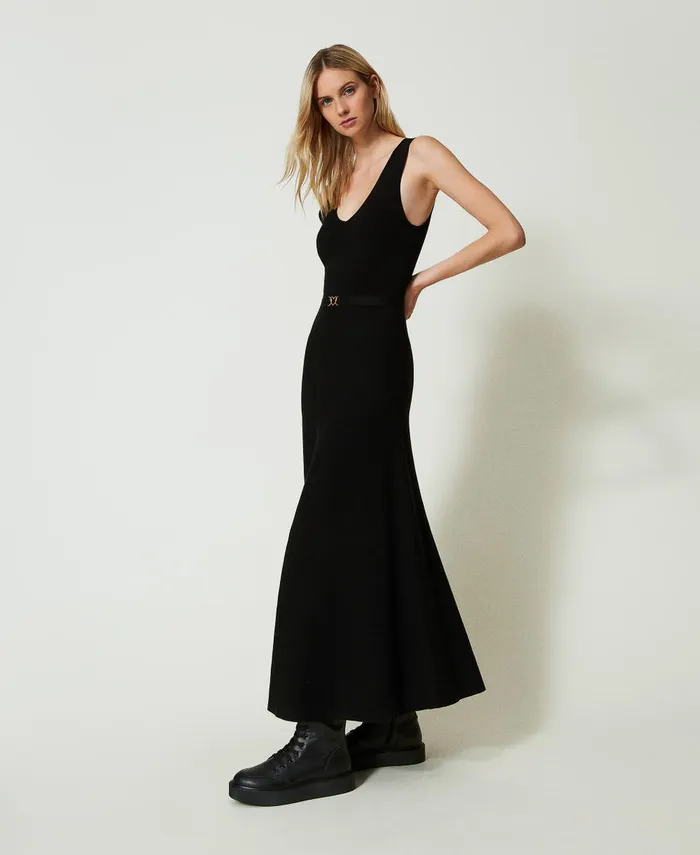 Twinset Long Knit Dress With Belt Black Women Dresses