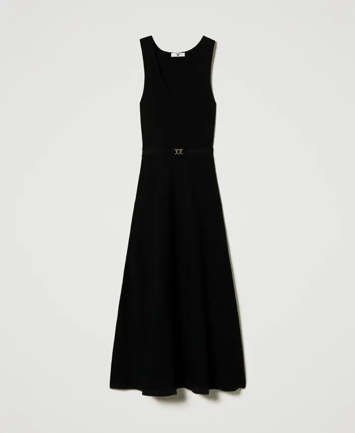 Twinset Long Knit Dress With Belt Black Women Dresses Twinset Long Knit Dress With Belt Black Women Dresses