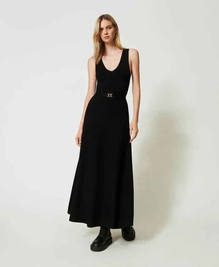 Twinset Long Knit Dress With Belt Black Women Dresses Twinset Long Knit Dress With Belt Black Women Dresses