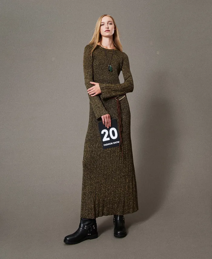 Twinset Long Rib Knit Dress With Oval T Belt Twotone Black Dark Gold Women Dresses