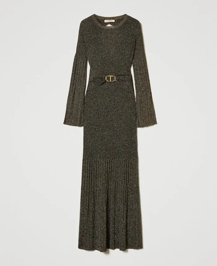 Twinset Long Rib Knit Dress With Oval T Belt Twotone Black Dark Gold Women Dresses Twinset Long Rib Knit Dress With Oval T Belt Twotone Black Dark Gold Women Dresses
