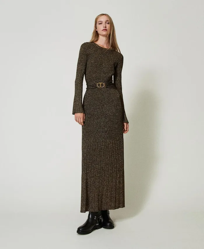 Twinset Long Rib Knit Dress With Oval T Belt Twotone Black Dark Gold Women Dresses Twinset Long Rib Knit Dress With Oval T Belt Twotone Black Dark Gold Women Dresses