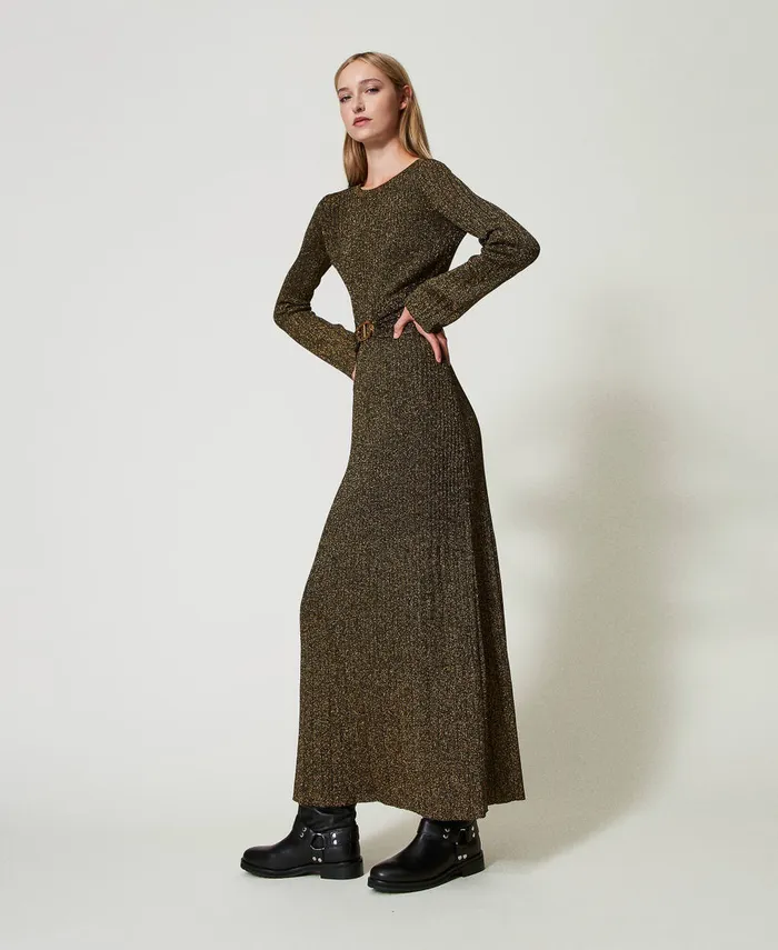 Twinset Long Rib Knit Dress With Oval T Belt Twotone Black Dark Gold Women Dresses Twinset Long Rib Knit Dress With Oval T Belt Twotone Black Dark Gold Women Dresses