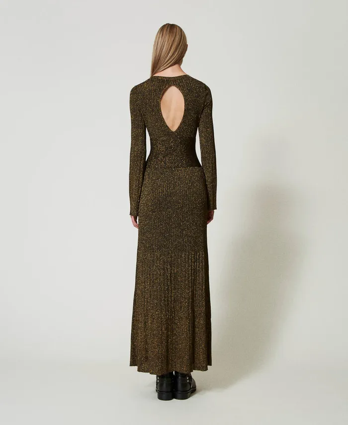 Twinset Long Rib Knit Dress With Oval T Belt Twotone Black Dark Gold Women Dresses Twinset Long Rib Knit Dress With Oval T Belt Twotone Black Dark Gold Women Dresses