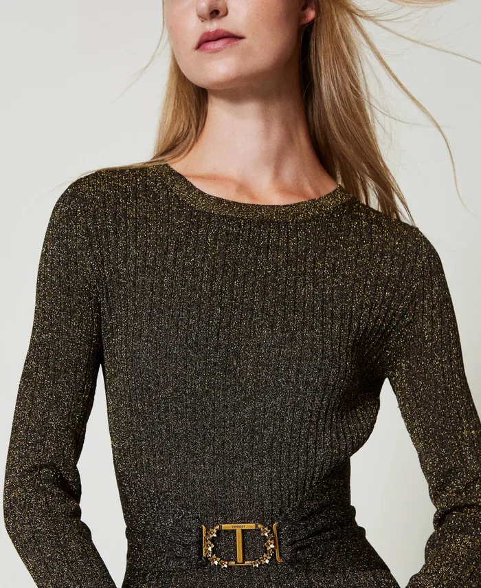 Twinset Long Rib Knit Dress With Oval T Belt Twotone Black Dark Gold Women Dresses Twinset Long Rib Knit Dress With Oval T Belt Twotone Black Dark Gold Women Dresses