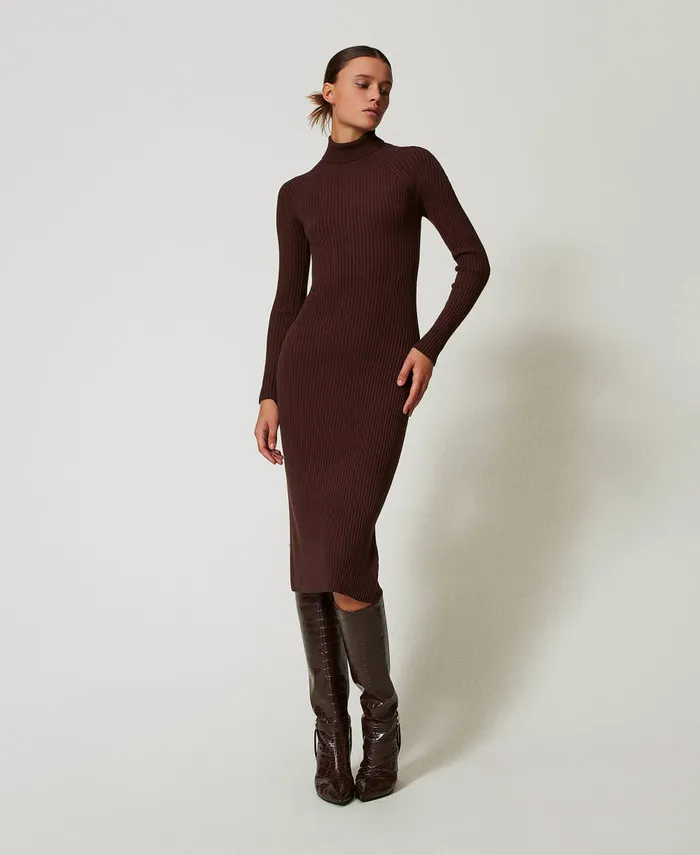 Twinset Long Ribbed Knit Dress With CutOut Coffee Chocolate Women Dresses