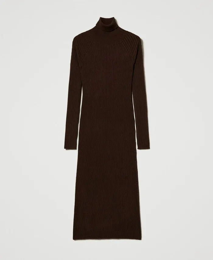 Twinset Long Ribbed Knit Dress With CutOut Coffee Chocolate Women Dresses Twinset Long Ribbed Knit Dress With CutOut Coffee Chocolate Women Dresses