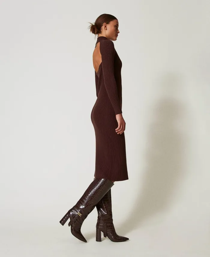 Twinset Long Ribbed Knit Dress With CutOut Coffee Chocolate Women Dresses Twinset Long Ribbed Knit Dress With CutOut Coffee Chocolate Women Dresses