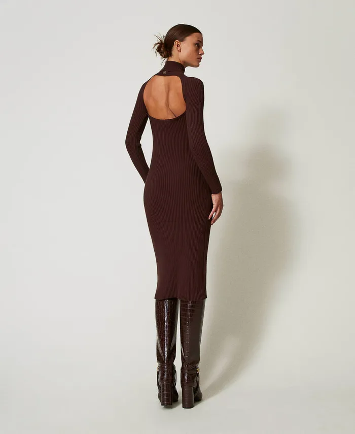 Twinset Long Ribbed Knit Dress With CutOut Coffee Chocolate Women Dresses Twinset Long Ribbed Knit Dress With CutOut Coffee Chocolate Women Dresses