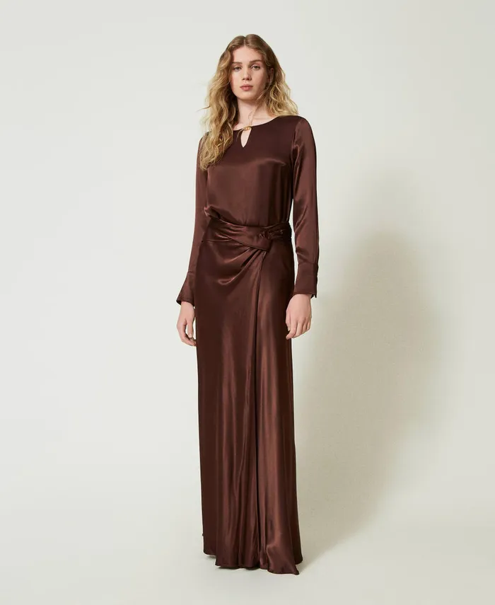 Twinset Long Satin Skirt With Draping Chocolate Women Skirts