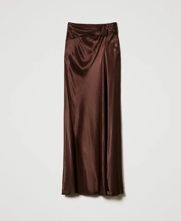 Twinset Long Satin Skirt With Draping Chocolate Women Skirts Twinset Long Satin Skirt With Draping Chocolate Women Skirts