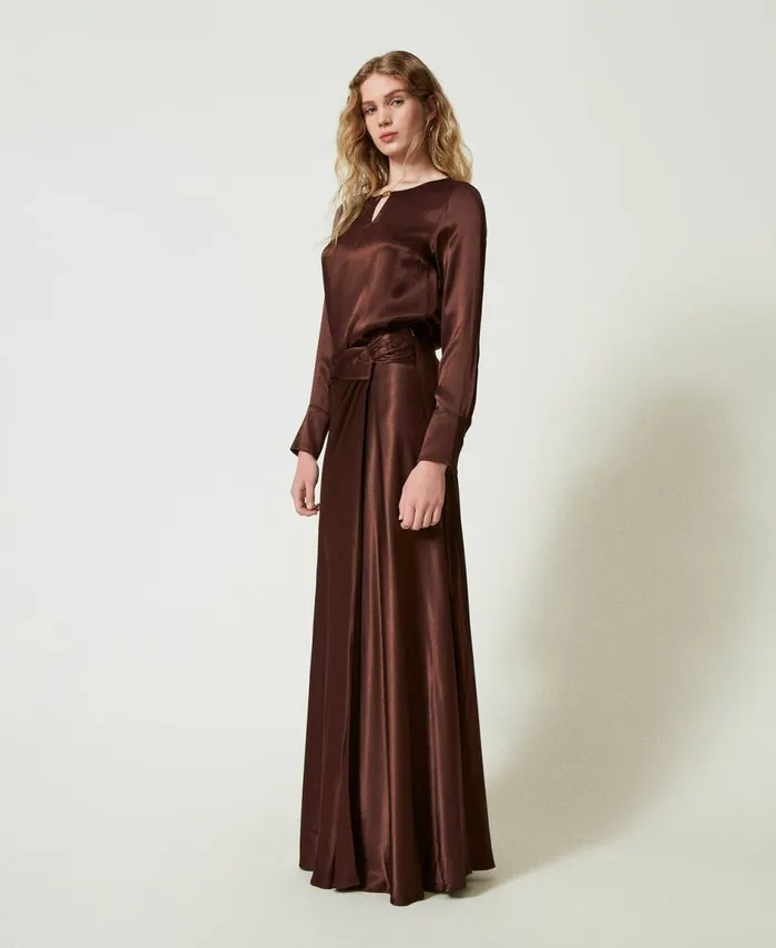 Twinset Long Satin Skirt With Draping Chocolate Women Skirts Twinset Long Satin Skirt With Draping Chocolate Women Skirts