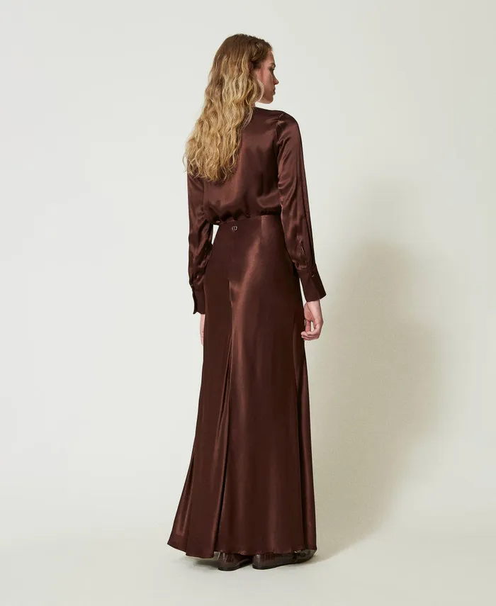 Twinset Long Satin Skirt With Draping Chocolate Women Skirts Twinset Long Satin Skirt With Draping Chocolate Women Skirts