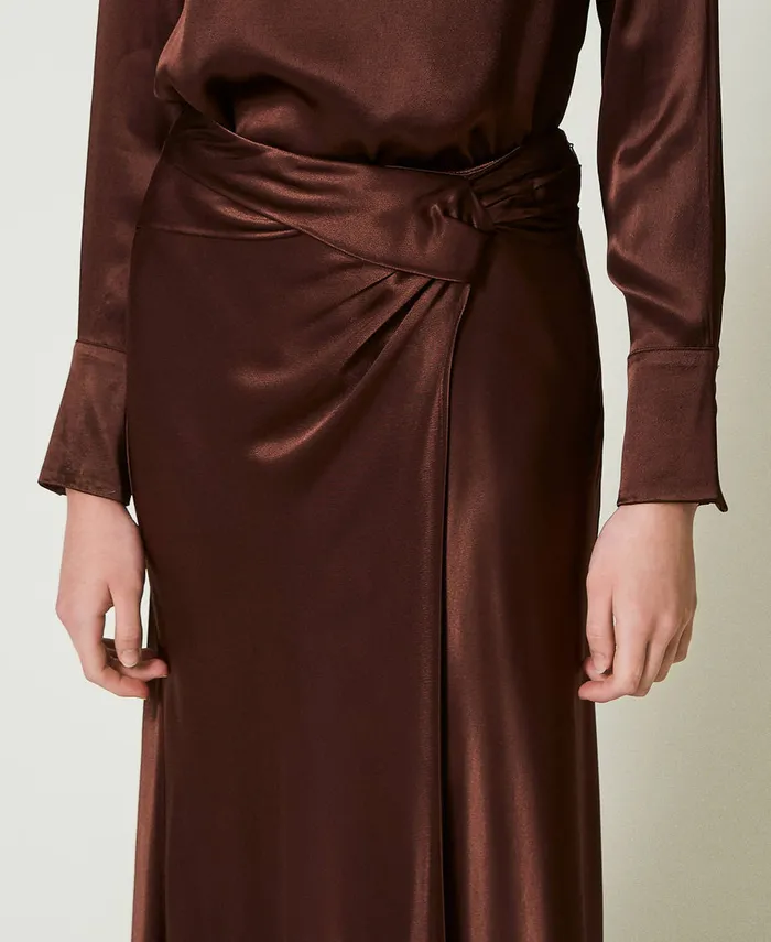 Twinset Long Satin Skirt With Draping Chocolate Women Skirts Twinset Long Satin Skirt With Draping Chocolate Women Skirts