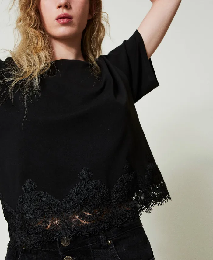 Twinset Macram Lace Cropped TShirt Black Women TShirts And Tops