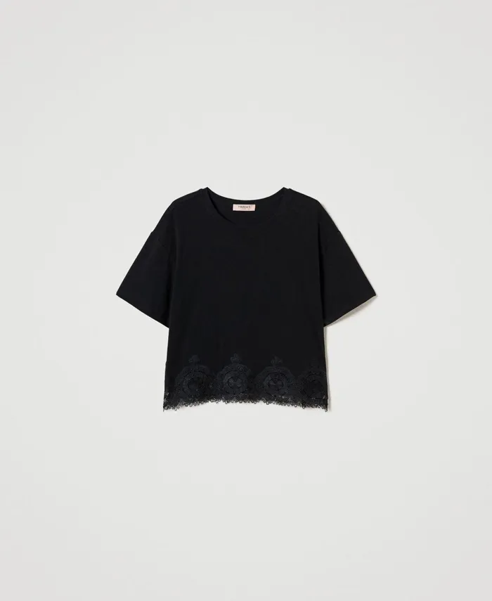 Twinset Macram Lace Cropped TShirt Black Women TShirts And Tops Twinset Macram Lace Cropped TShirt Black Women TShirts And Tops
