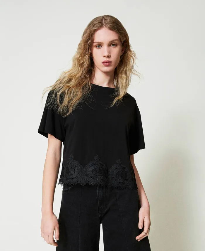 Twinset Macram Lace Cropped TShirt Black Women TShirts And Tops Twinset Macram Lace Cropped TShirt Black Women TShirts And Tops